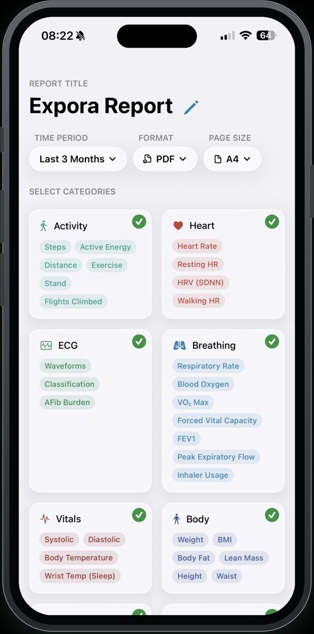 Expora report builder with health categories ready to export